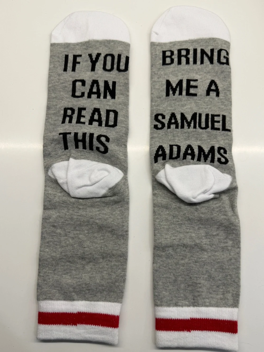Sam Adam’s Gray Crew Socks with White Heel and Black Text - Men's Socks